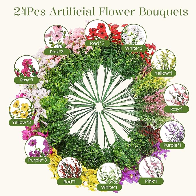 SHareconn 24 Bundles Artificial Flowers for Outdoors, Faux Plants Fake Silk Colorful Daisy Eucalyptus Lavender, UV Resistant for Outside Home Porch Patio Spring Decor, RedRosyPurpleYellowPinkWhite