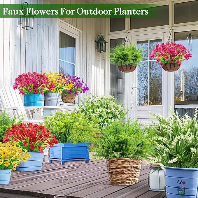 24 Bundles 8 Styles Artificial Flowers for Outdoors UV Resistant Fake Flowers Faux Plastic Plants Colorful Daisy Boston Fern Lavender Cemetery Flowers for Outside Indoor Home Porch Patio Spring Decor