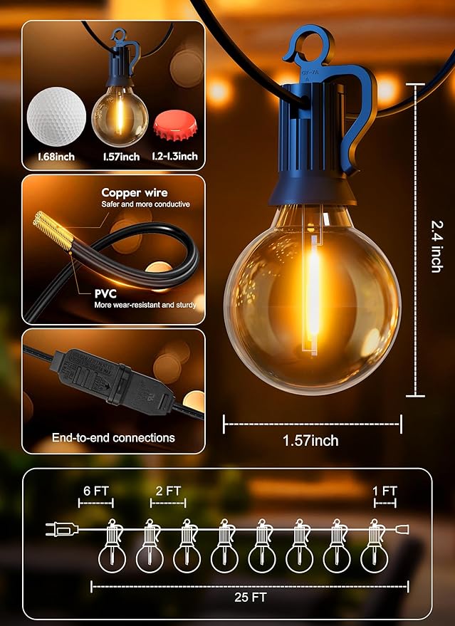 Outdoor String Patio Lights, 25FT 12 LED Patio Lights Waterproof, Connectable Shatterproof Hanging Outside String Light for Backyard, Porch, Deck, Balcony, Garden, House Decor, 2200K