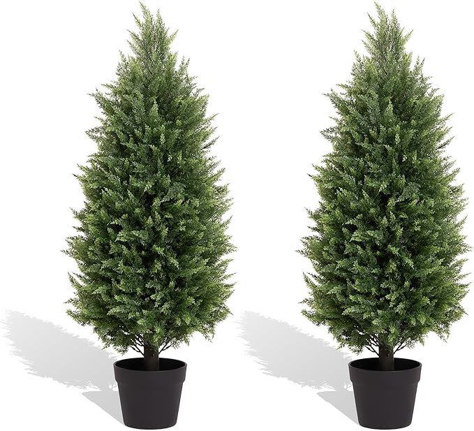 3ft Tall Artificial Cedar Trees for Outdoors Set of 2, UV Resistant Fake Plants Faux Topiary for Front Porch Decor 3 Feet