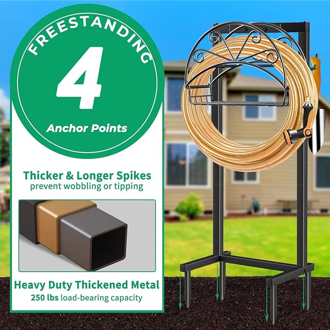 TomCare Garden Hose Holder Upgraded Water Hose Holder Heavy Duty 4 Spikes Hose Hanger Holds 160 Feet Hoses Stable Freestanding Hose Storage Organizer for Outside Yard