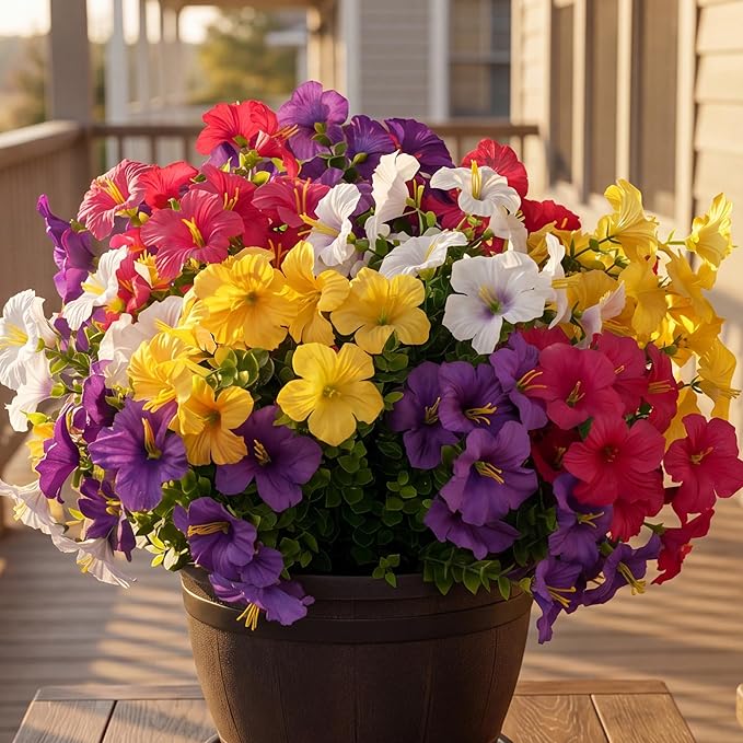 Artificial Flowers for Outdoors Fake Plants Outside Decoration, 12 Bundles Silk Petunia with Eucalyptus UV Resistant Realistic Faux Flowers for Outdoor Planters Garden Balcony (4 Color)
