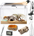 HELIME Reptile Polycarbonate Terrarium Kit 7 Piece Starter Habitat for Tarantula,Lizards,Frogs,Geckos,or Hermit Crabs,Tank with Escape-Proof Locking Lid,Light,Hygrometer,Hide,Tweezer,Bowl,Sprayer XL