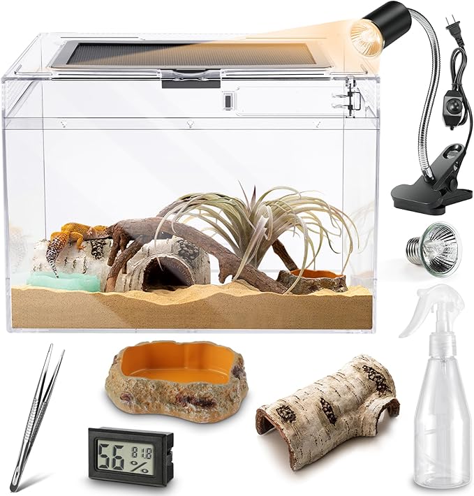 HELIME Reptile Polycarbonate Terrarium Kit 7 Piece Starter Habitat for Tarantula,Lizards,Frogs,Geckos,or Hermit Crabs,Tank with Escape-Proof Locking Lid,Light,Hygrometer,Hide,Tweezer,Bowl,Sprayer L