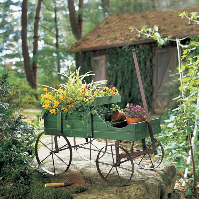Collections Etc Amish Wagon Decorative Indoor/Outdoor Garden Backyard Planter, Green
