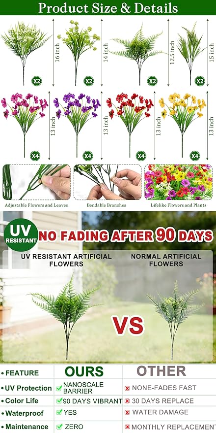 24 Bundles 8 Styles Artificial Flowers for Outdoors UV Resistant Fake Flowers Faux Plastic Plants Colorful Daisy Boston Fern Lavender Cemetery Flowers for Outside Indoor Home Porch Patio Spring Decor