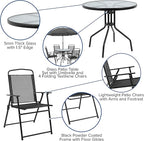EMMA + OLIVER 6 Piece Black Patio Garden Set with Umbrella Table and Set of 4 Folding Chairs
