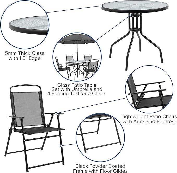 EMMA + OLIVER 6 Piece Black Patio Garden Set with Umbrella Table and Set of 4 Folding Chairs
