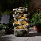 Solar Water Fountain Outdoor Garden, 24" H Cascading Stone Design 5 Tier Rock Feature Outdoor Fountains Waterfalls with Light, Pump Solar Panel for Patio, Deck, Porch, Backyard Home Décor