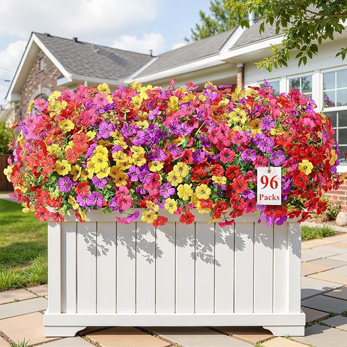 Alupssuc 96 Bundles Artificial Flowers for Outdoors Decoration, UV Resistant Silk Faux Daisy Flora Spring Fake Plastic Plants Greenery for Outside Indoor Yard Home Porch Window Box Decor, Mix 4 Colors