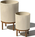 Veradek Demi Series Round Planter w/Stand for Porch/Patio | Durable Plastic-Stone Composite & Wooden Stand | Modern Décor for Tall Plants, Flowers