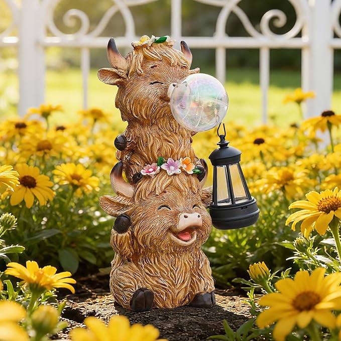 Joint Honglin Solar Highland Cow Garden Statue with LED Lights, Cute Resin Outdoor Decor with Glowing Lantern & Light-Up Bubble, Waterproof Solar Yard Ornament for Lawn, Patio & Garden (Brown Cow)