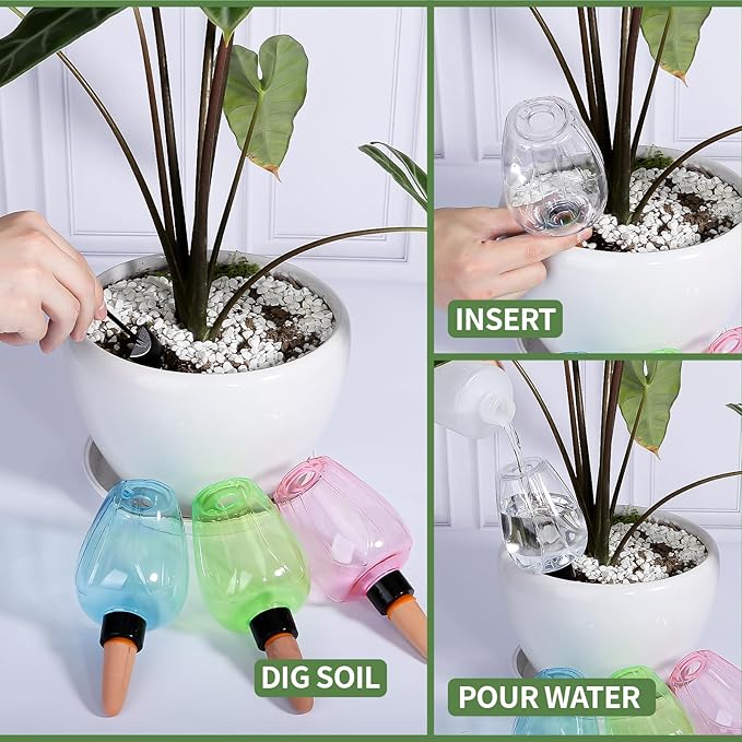 8 Pcs Plant Watering Globes Self Watering Planter Insert Plants Top Fill Water Device Plastic Water Bulbs Slow Release Terracotta for Plants, Pink