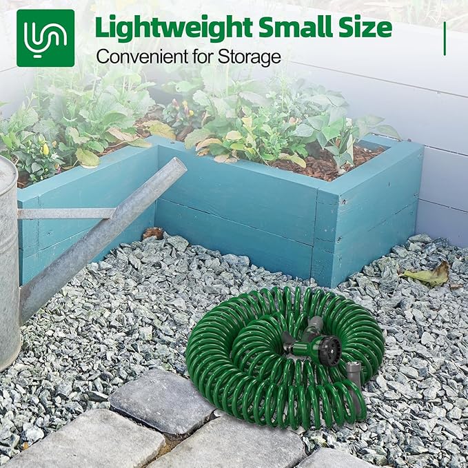 SPECILITE 3/8" Lightweight Coil Garden Hose 75FT, EVA Flexible Curly Water Pipes with 6-Pattern Spray Nozzle for Boat, Greenhouse, Yard, Patio, Green