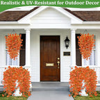 TURNMEON 4 Pcs Artificial Hanging Flowers for Outdoors Decorations Faux Flowers Plants for Outdoors, Silk Morning Glory with Eucalyptus Look Real UV Resistant for Home Yard Porch Outdoor(Orange)