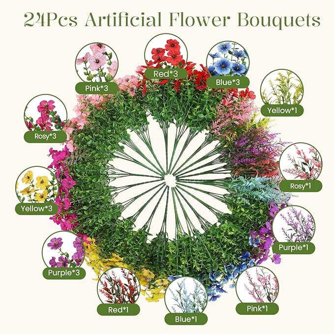 SHareconn 24 Bundles Artificial Flowers for Outdoors Decoration, Faux Plants Fake Silk Colorful Daisy Eucalyptus Lavender, UV Resistant for Outside Home indoor Spring Decor,RedRosyPurpleBlueYellowPink