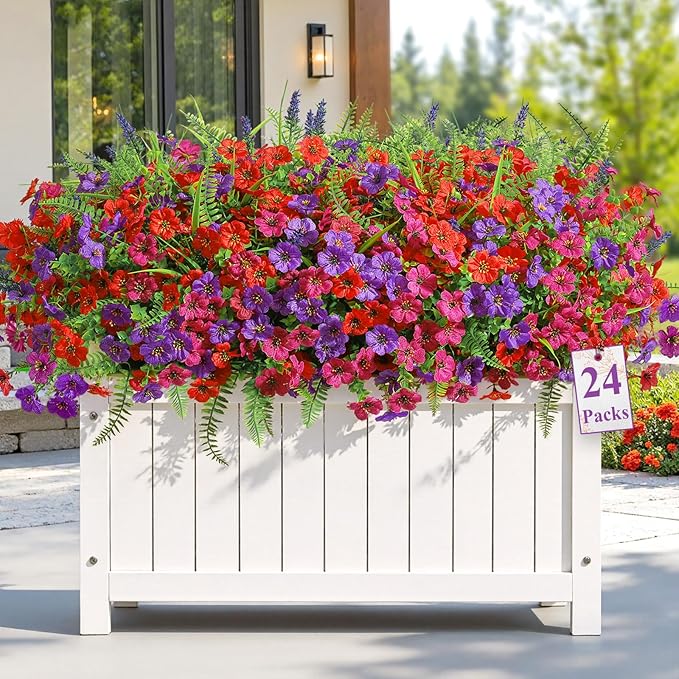 Alupssuc 24 Bundles Artificial Flowers for Outdoors Planters Spring Decoration, UV Resistant Faux Eucalyptus Violet and Lavender Silk Fake Plants for Outside Indoor Yard Home Patio Decor, Mix 3 Colors