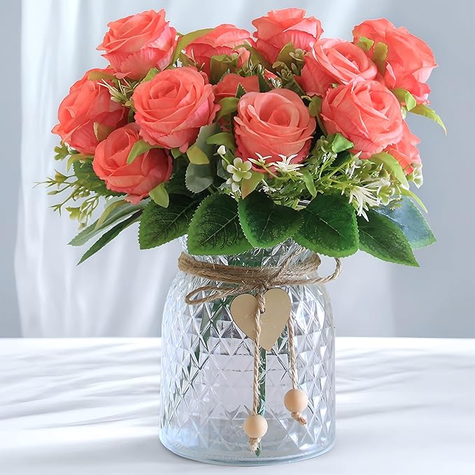 Faux Flowers in Vase, 18 Pcs Fake Rose Flowers, Artificial Flowers for Home Decor, Indoor Centerpiece for Living Room & Dining Table - Pink