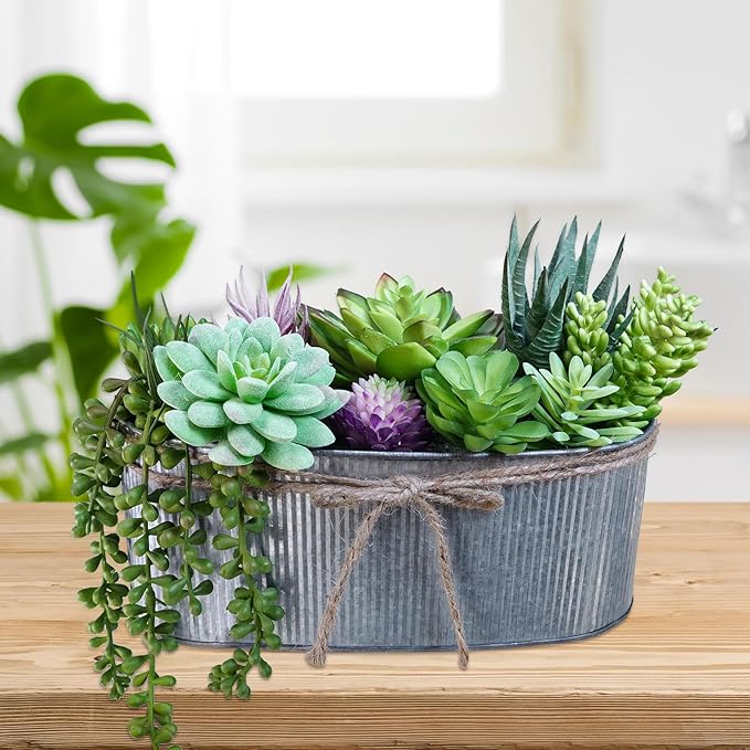 Winlyn 10" Artificial Succulent Arrangement Centerpiece Fake Succulent Plants in Rustic Metal Oval Planter Faux Potted Succulents for Home Office Bedroom Table Windowsill Shelf Mantel Decor