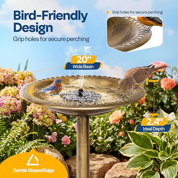 VIVOHOME Bird Bath with Solar Fountain for Outside, Polyresin Pedestal Bird Baths with Solar Powered Pump for Outdoor, Garden, Weather-Resistant Birdbaths with 20" Bowl, Golden