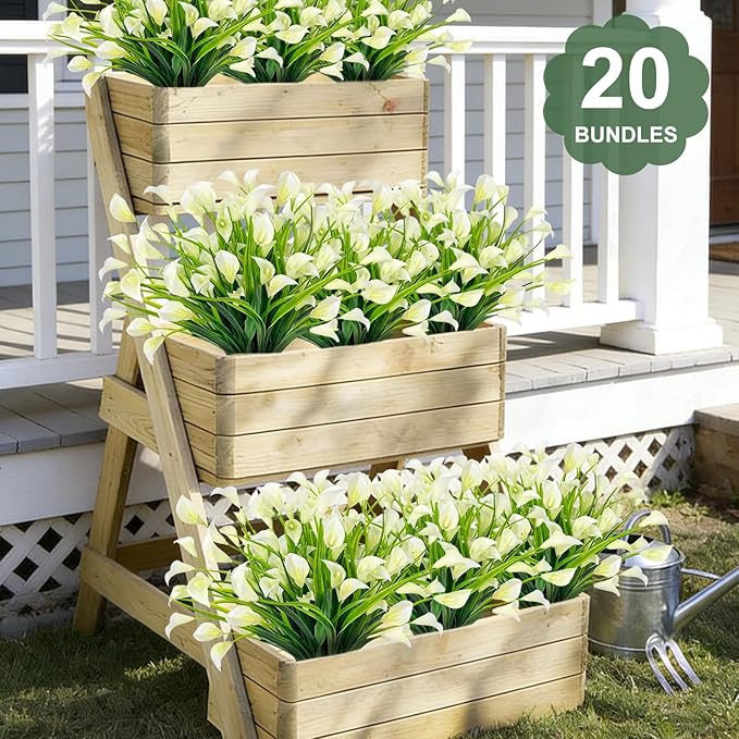 TURNMEON 20 Bundles Calla Lily (400 Heads) Artificial Flowers for Outdoors, Fake Plants UV Resistant Faux Plastic Fake Flowers for Indoor Planter Home Porch Yard Spring Summer Cemetery Decor(White)