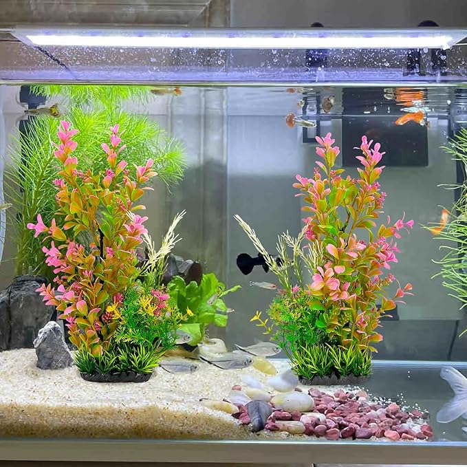 Aquarium Plants (2-Pack) Artificial Plastic Fish Fish Habitat Decor, Small to Moderate Size Aquarium Decorations, Safe Green Plants for Freshwater Tanks (Pink & Green Gradient)