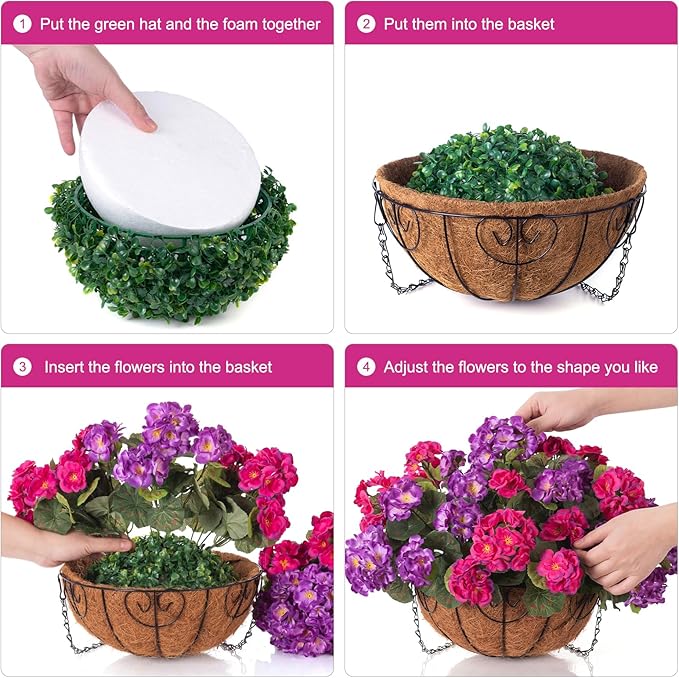 INSPRING Geraniums Artificial Flowers Hanging Basket for Outdoors Outside Spring Decoration, 8 Bundles Silk Flowers Fake Plants Look Real UV Resistant for Porch Home Patio Balcony Yard, Purple Fuchsia