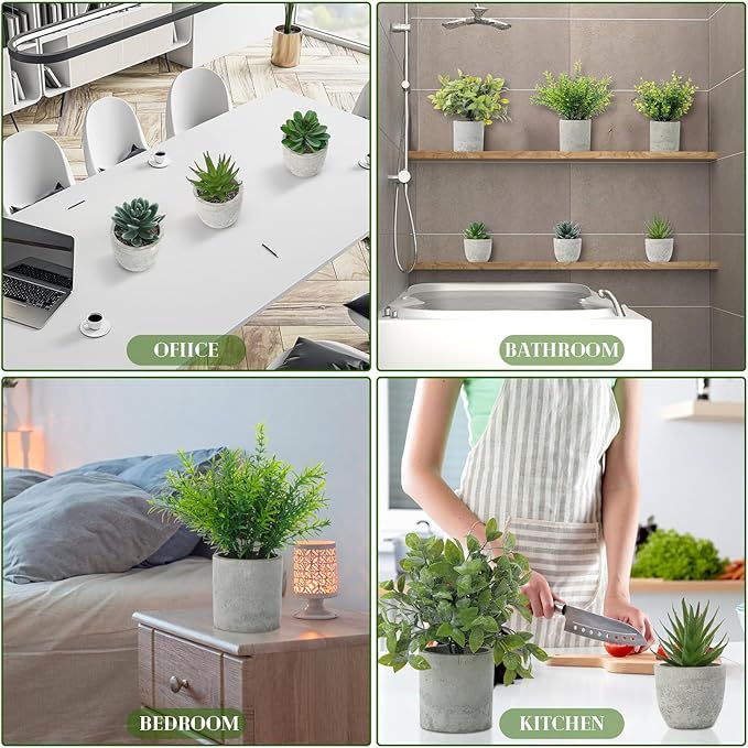 Chunful 6 Pack Small Artificial Greenery Potted Plants Indoor Mini Fake Eucalyptus Rosemary Succulents in Pulp Rustic Farmhouse Table Centerpiece for Shelf Bathroom Bedroom Kitchen Office