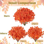 24 Bundles Artificial Fall Flowers Outdoor UV Resistant Fake Mums Bulk Outdoor Faux Mums Plants Plastic Flower Decorations for Home Garden Porch Hanging Planter Vase Autumn Decor Outside, Orange