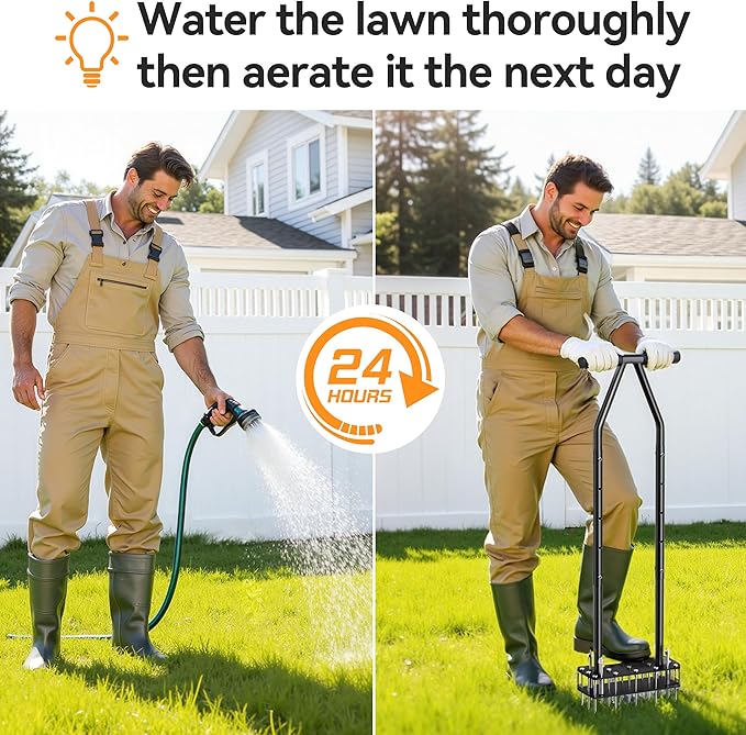 Knee-Friendly Manual Lawn Aerator Tool - 15 Heavy-Duty Steel Spikes,Spring-Loaded Auto-Clean Design, Pre-Assembled for Soil Loosening & Lawn Health, Garden/Yard Aeration Tool
