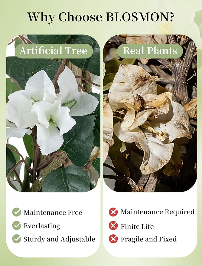 BLOSMON Bougainvillea Artificial Flower Tree: 5ft White Fake Flower Plant for Front Porch Decor - Faux Silk Floral Trees with Pot for Outdoor Garden Patio Indoor Home Office Floor Decoration