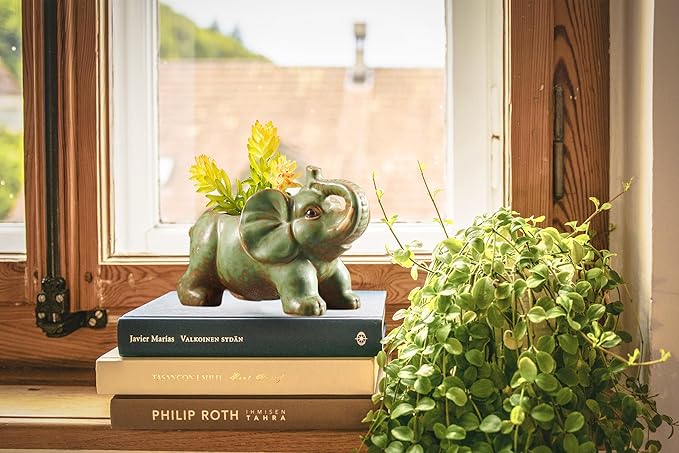 DIYOMR Small Ceramic Planter Pot, 4.3" Vintage Bronze Animal Planters Ceramic Flowerpot Succulent Pots Cactus Pot for Office Home Desktop Decor - Plants Not Included (Pleasant Elephant)
