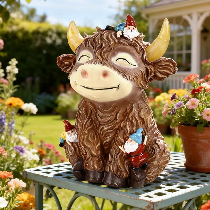 Solar Highland Cow Garden Statue with Funny Gnomes Outdoor Decor,Cow Figurine with LED Lights Yard Art Decoration for Garden,Patio,Lawn-Unique Gift for Mom,Grandma