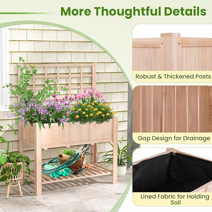 S AFSTAR Raised Garden Bed with Trellis, 42x21x58in Elevated Planter Box with Legs, Bottom Storage Shelf, Planter Liner, Wood Standing Planter Stand for Climbing Plants Flowers Vegetables Herbs