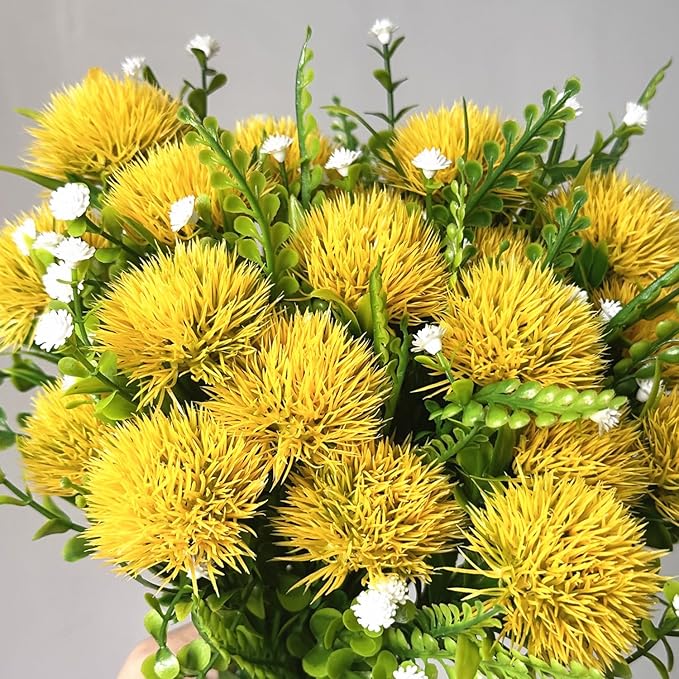 Artificial Dandelion Flowers Fake Plants Plastic Greenery Simulated Faux Flower for Outdoor Indoor Home Decor Garden Bathroom Office Party Wedding Bouquet Vase Planter Filler Decoration Yellow 4 Pack