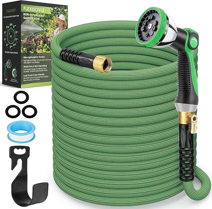 Non-Expandable Garden Hose 75 ft, Ultra Lightweight Flexible Water Hose with 10-Pattern Nozzle, Leak-Proof, High-Density Fabric, Thickened Connector, Shut-Off Valve for Yard, Lawn, Outdoor