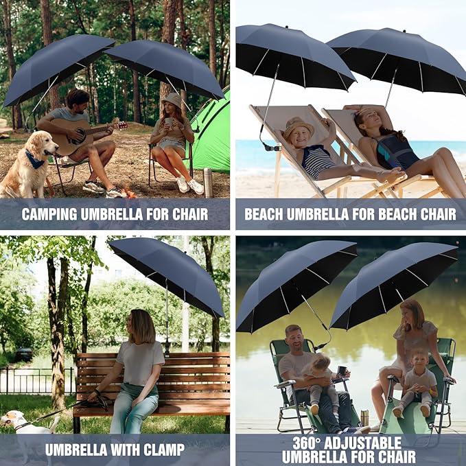 2 PACK Beach Umbrella with Clamp, 360 ° Adjustable Umbrellas for Chair, UPF50+ Umbrella for Beach Chair, Patio Chair, Wheelchair, Camping Chair, Golf Carts (Chair Not Included)