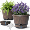 Sun-E 10 Inch Whiskey Barrel Self Watering Planters 3Pack- Brown Wood Grain with Side Water Level Indicator,Drainage Holes,Saucer&Plant Tags for Indoor Outdoor Garden Plants,Decor&Plants Not Included