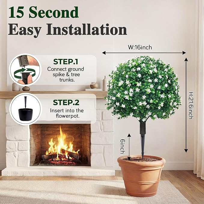 PATIO CHOICE Topiary Trees Artificial Outdoor Boxwood Ball Trees with Ground Spike Set of 2 22" Fake Outdoor Plants Faux Bushes and Shrubs Decorations for Outdoor Indoor Front Porch Garden