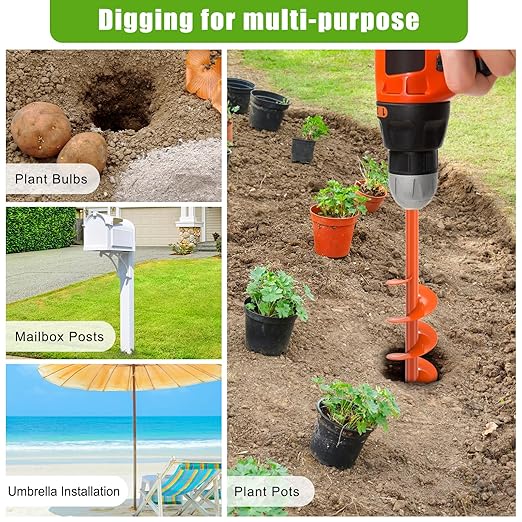 Insaga Auger Drill Bit for Planting 3 x 24'', Threaded Garden Auger Post Hole Digger, Spiral Drill Earth Dirt Augers for Bulb, Vegetables, Fence Posts and Umbrella Holes, Fits in 3/8” Drill Chuck