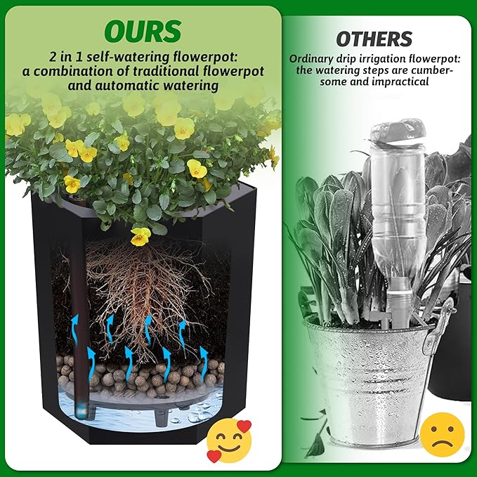 16in Flower Pot Set of 2, Self Watering Planters for Indoor Plants with Water Level Monitoring, Water Outlet for Garden Plant Pots, Patio, Balcony, Lounge, Front Porch Decor