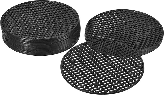 MECCANIXITY Flower Pot Hole Mesh Pad 4 Inch Bonsai Plant Bottom Round Plastic Soil Grid Screen Mat, Black Pack of 20