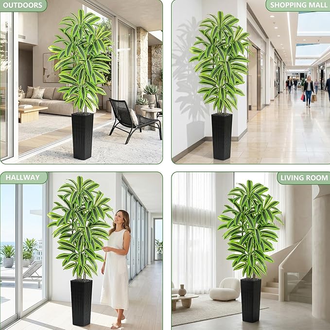 Artificial Yellow Dracaena Tree - 7FT Tall Fake Plants with Black Planter - Artificial Plants Indoor Floor Plant in Pot - Large Tropical Fake Yucca Potted Tree for Home Office Living Room Decor