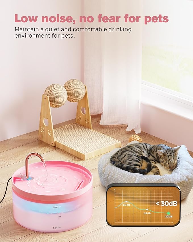 Pink Cat Water Fountain: Cat Fountain Super Silent Pet Water Fountain | 108oz/3.2L Water Fountains for Cats Indoor - Faucet Cat Fountain - Quiet Water Pump - Suitable for Cats and Dogs - BEMOONY