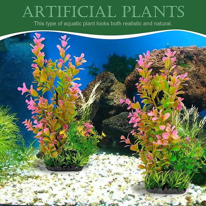 Aquarium Plants (2-Pack) Artificial Plastic Fish Fish Habitat Decor, Small to Moderate Size Aquarium Decorations, Safe Green Plants for Freshwater Tanks (Pink & Green Gradient)