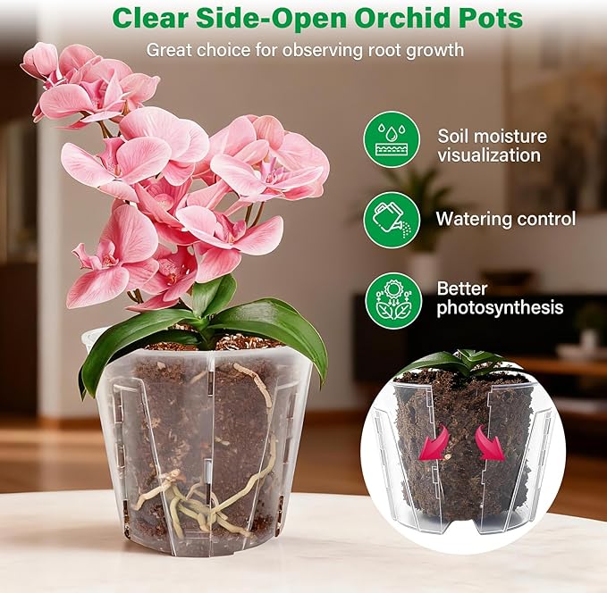 Bluepro 5 Inch Side-Open Orchid Pots 6 Pack, Clear Plastic Nursery Planters with Detachable Side Walls for Easy Repotting, Breathable Slotted Flower Pots with Drainage for Root Health