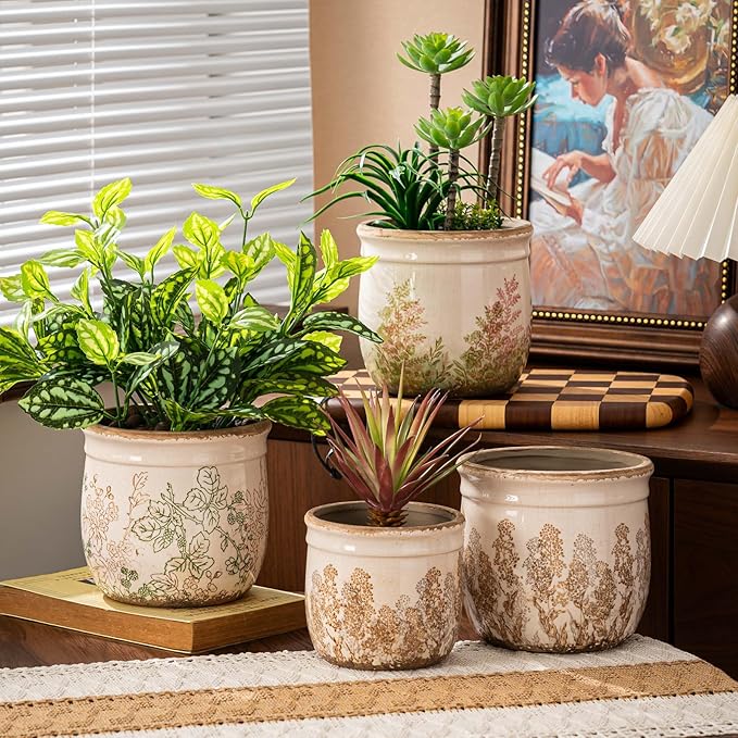 SURE YUESI for Mom from Daughter or Son, Set of 2 Ceramic Planters 4.7” & 5.7”, Vintage Indoor Plant Pots Without Drainage Hole, Pastoral Rustic Decorative Planters for Flowers & Home Decor