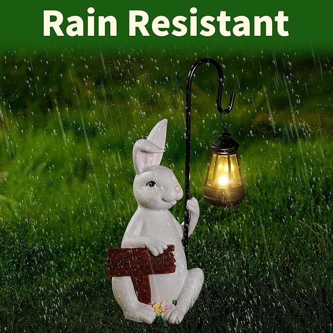 Rabbit Statues Solar Lantern Waterproof Light Resin Statue for Outside Balcony Garden Decor for Outside Gift for Grandma Women (Rabbit Lantern White)