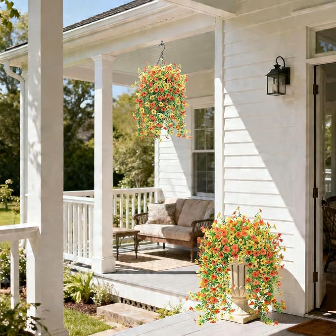 Fake Artificial Hanging Flowers for Outdoors, 2 Pcs Fake Hanging Plant Spring Summer Decor, UV Resistant No Fade Faux Silk Daisy Flower for Front Door Porch Planter Patio Yard Garden(Orange Yellow)