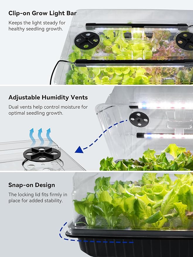GLOWRIUM Seed Starter Tray with Grow Lights, 3 Pack 162-Cell Seed Starter Kit with 4.3" Humidity Dome, Indoor Seedling Starter Tray with 3/9/12/16h Timer, Adjustable Brightness Seed Starting Trays